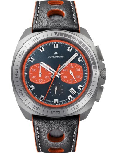 Junghans wristwatch with stainless steel case, grey dial, and leather strap.