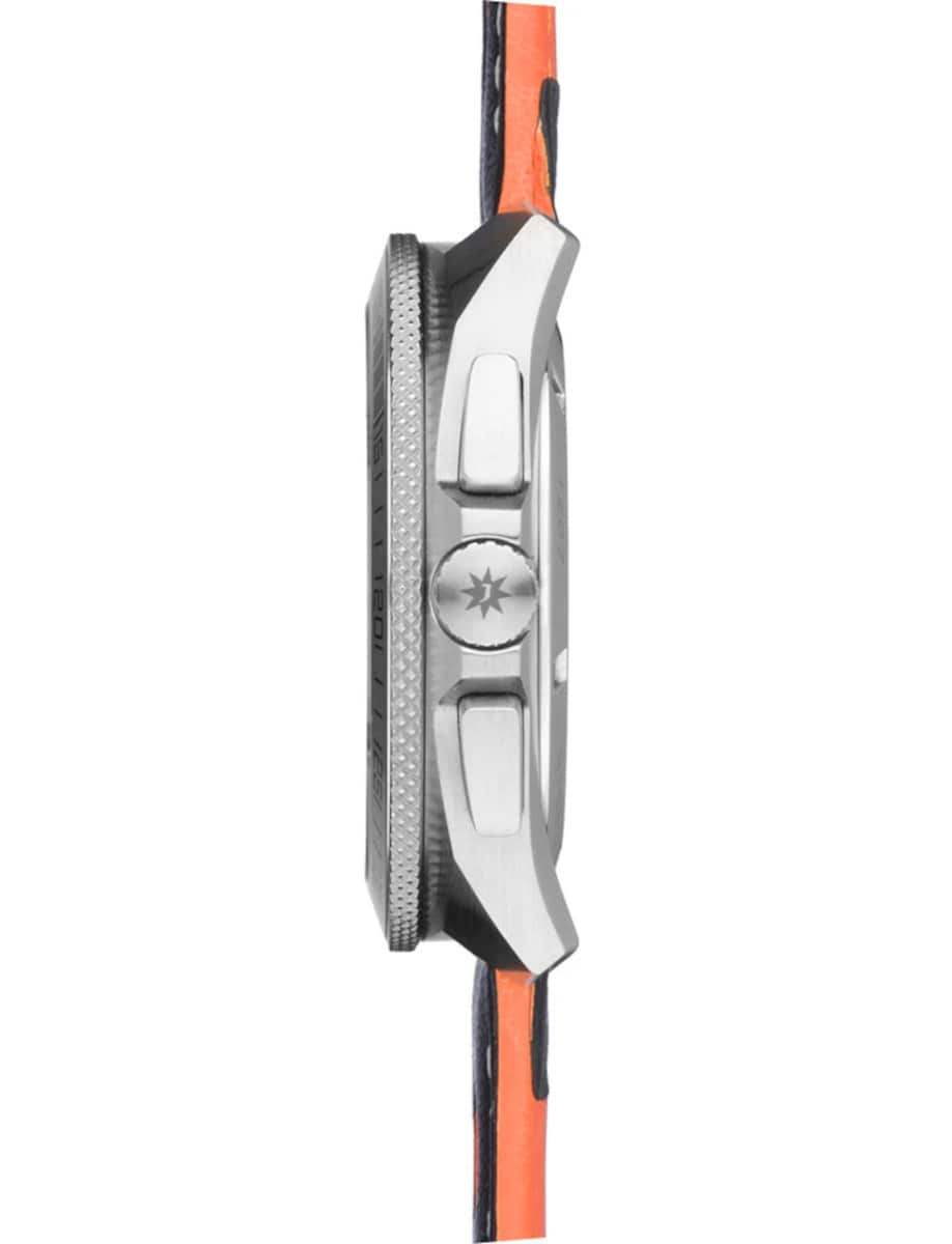 Side view of Junghans wristwatch with stainless steel case, and leather strap.