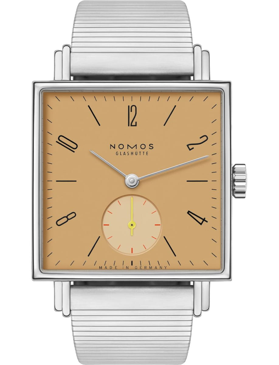 Square stainless steel Nomos watch with a tan dial, black hour markers, and a small seconds subdial at 6 o'clock.