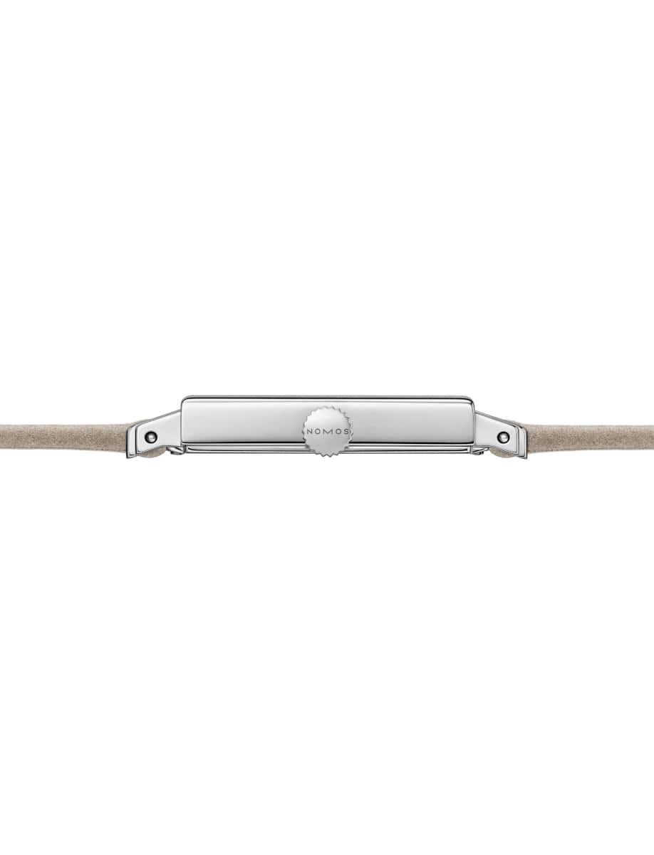 Side view of Nomos wristwatch with stainless steel case, anthracite dial, and vegan velour remborde beige strap.