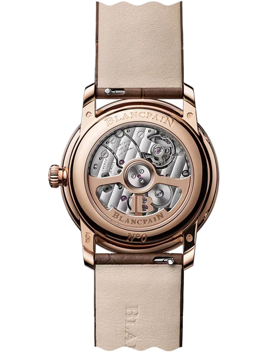 Back view of Blancpain wristwatch with red gold case and alligator leather strap