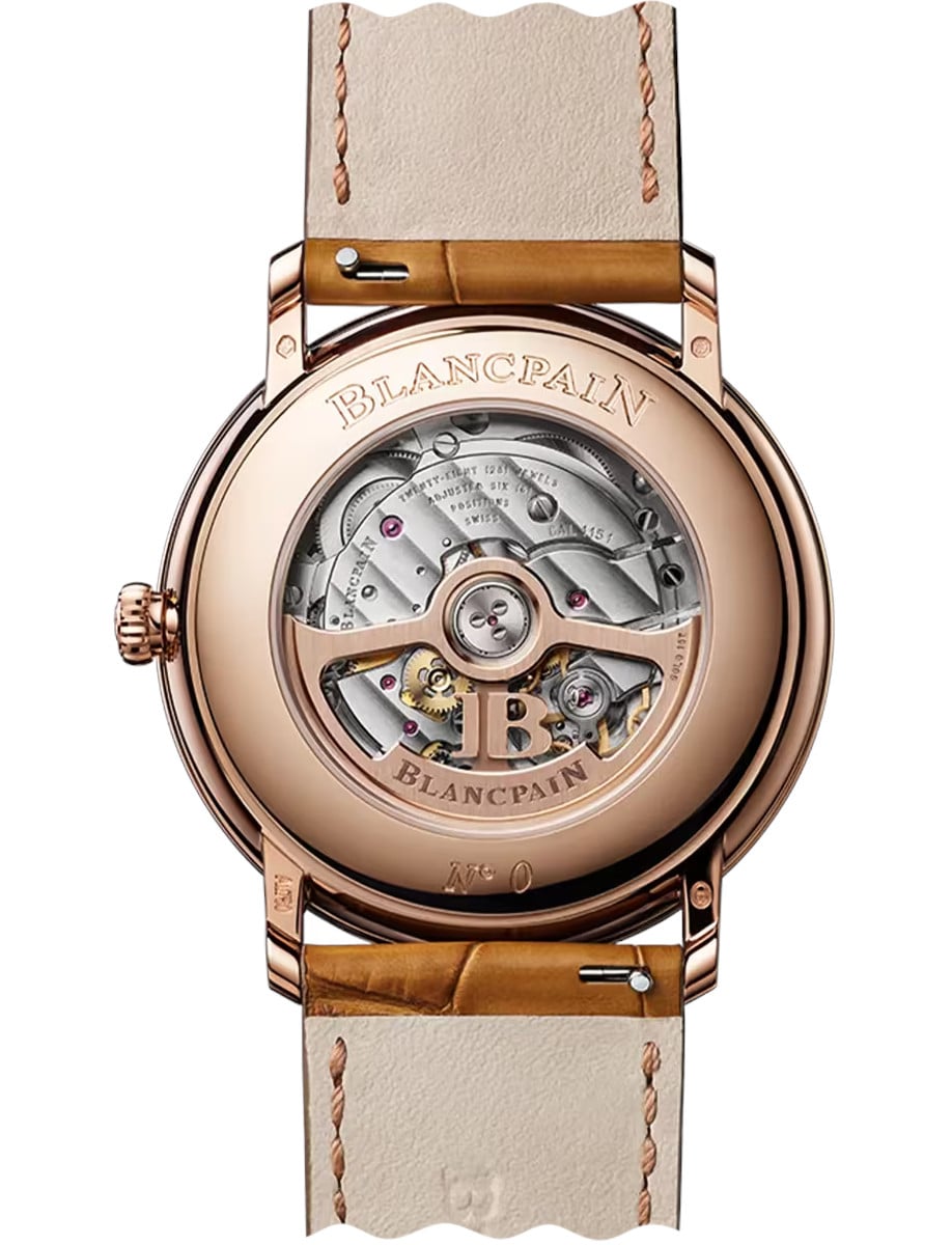 Back view of Blancpain wristwatch with red gold case and alligator leather strap