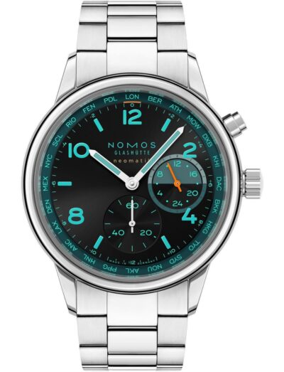 Nomos wristwatch with stainless steel case and bracelet, black dial with turquoise accents.