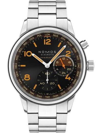 Nomos wristwatch with stainless steel case and bracelet, black dial with orange accents. | Feldmar Watch Co. Nomos wristwatch with stainless steel case and bracelet, black dial with orange accents.
