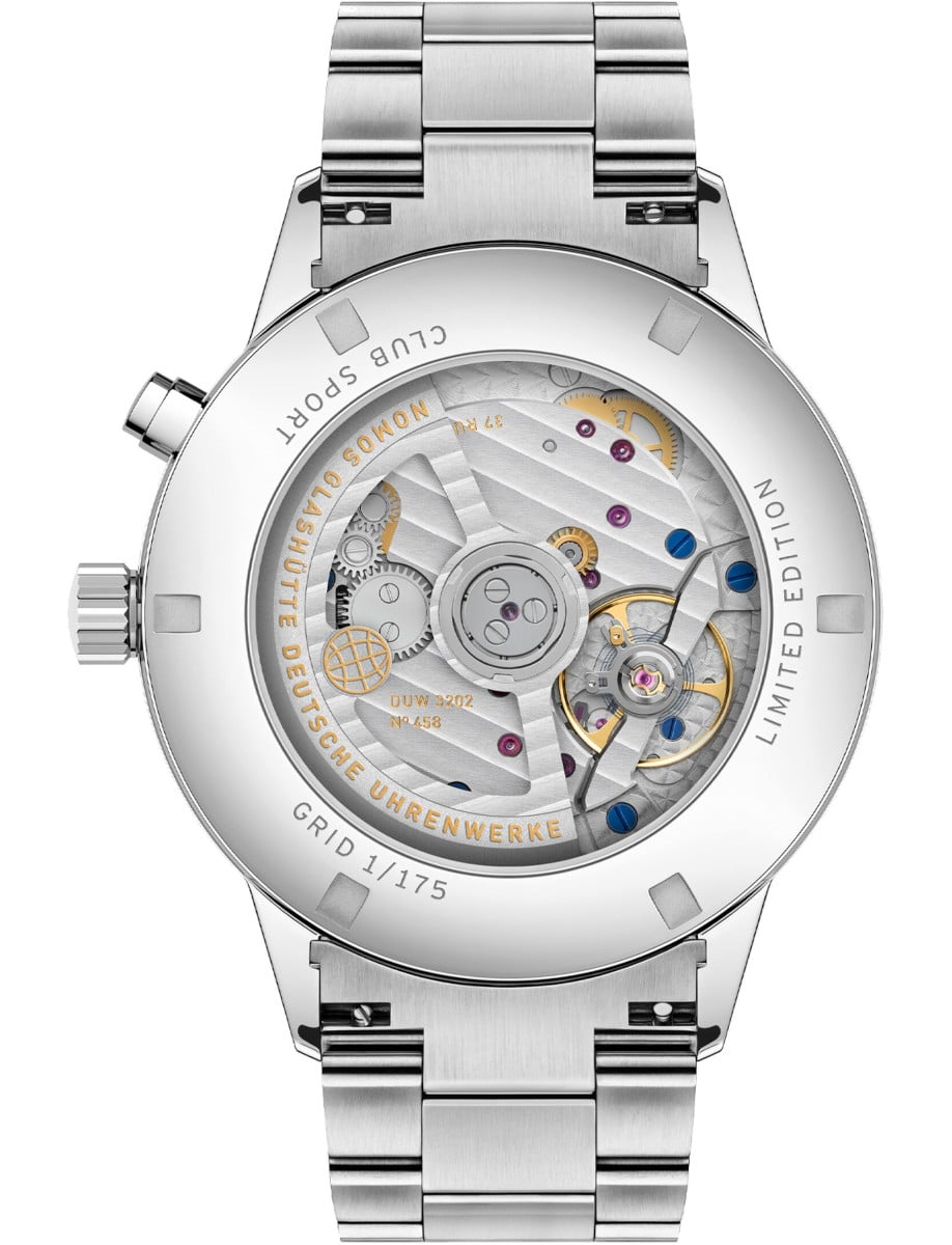 Back view of Nomos wristwatch with stainless steel case and bracelet, and transparent case back.