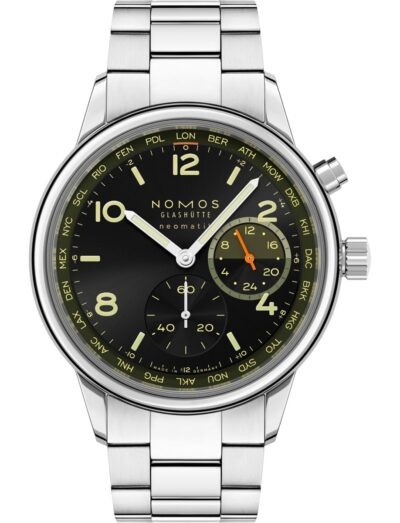 Nomos wristwatch with stainless steel case and bracelet, black dial with light yellow accents. | Feldmar Watch Co. Nomos wristwatch with stainless steel case and bracelet, black dial with light yellow accents.