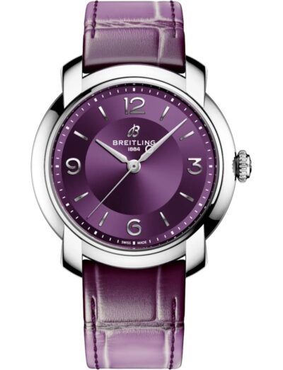 Breitling wristwatch with stainless steel case, purple dial, and purple alligator leather. | Feldmar Watch Co. Breitling wristwatch with stainless steel case, purple dial, and purple alligator leather.