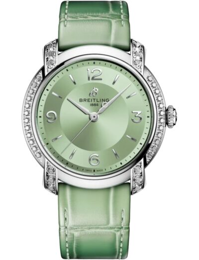Breitling wristwatch with stainless steel case with diamonds, green dial, and green alligator leather.