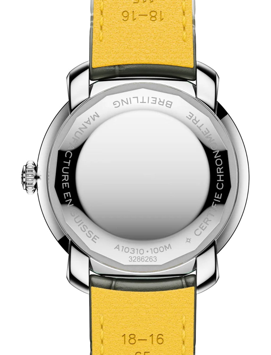 Back view of Breitling wristwatch with stainless steel case with diamonds, and grey alligator leather.