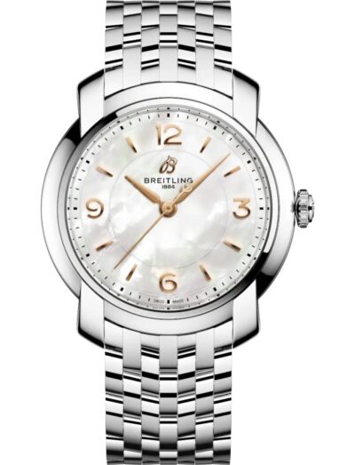 Breitling ladies watch with stainless steel case and bracelet, and white mother-of-pearl dial.