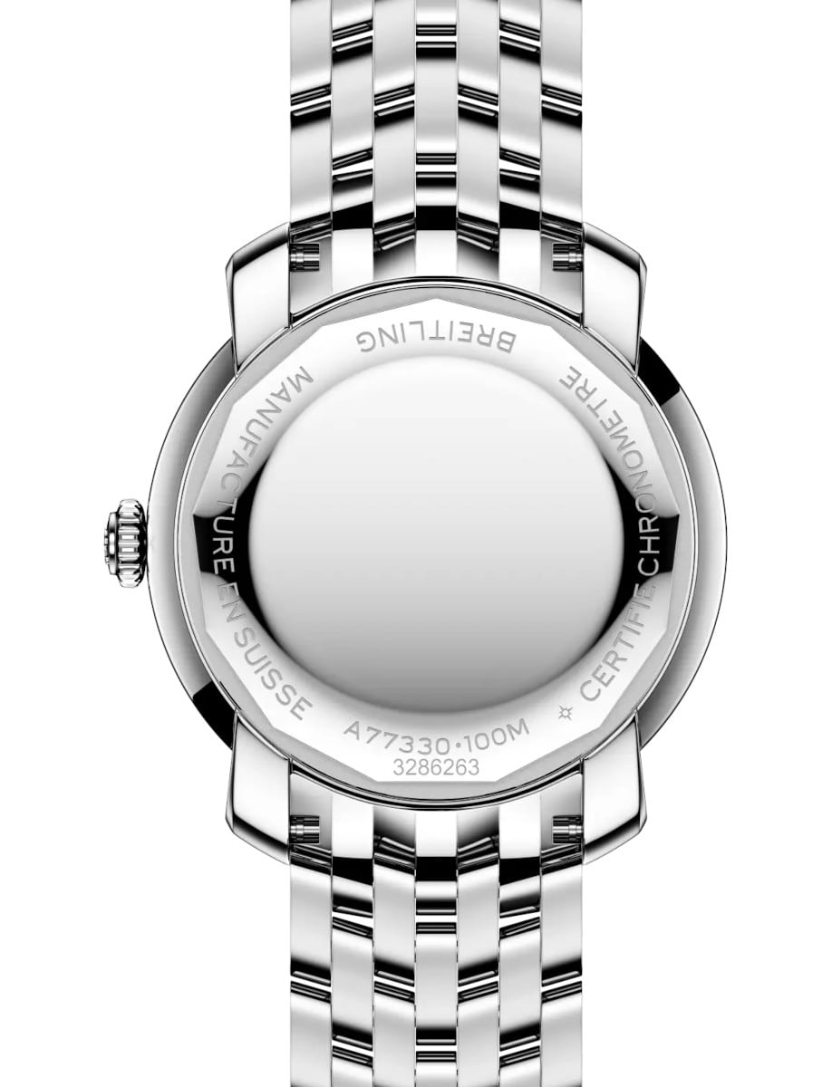 Back view of Breitling ladies watch with stainless steel case and bracelet, and screwed in case back.