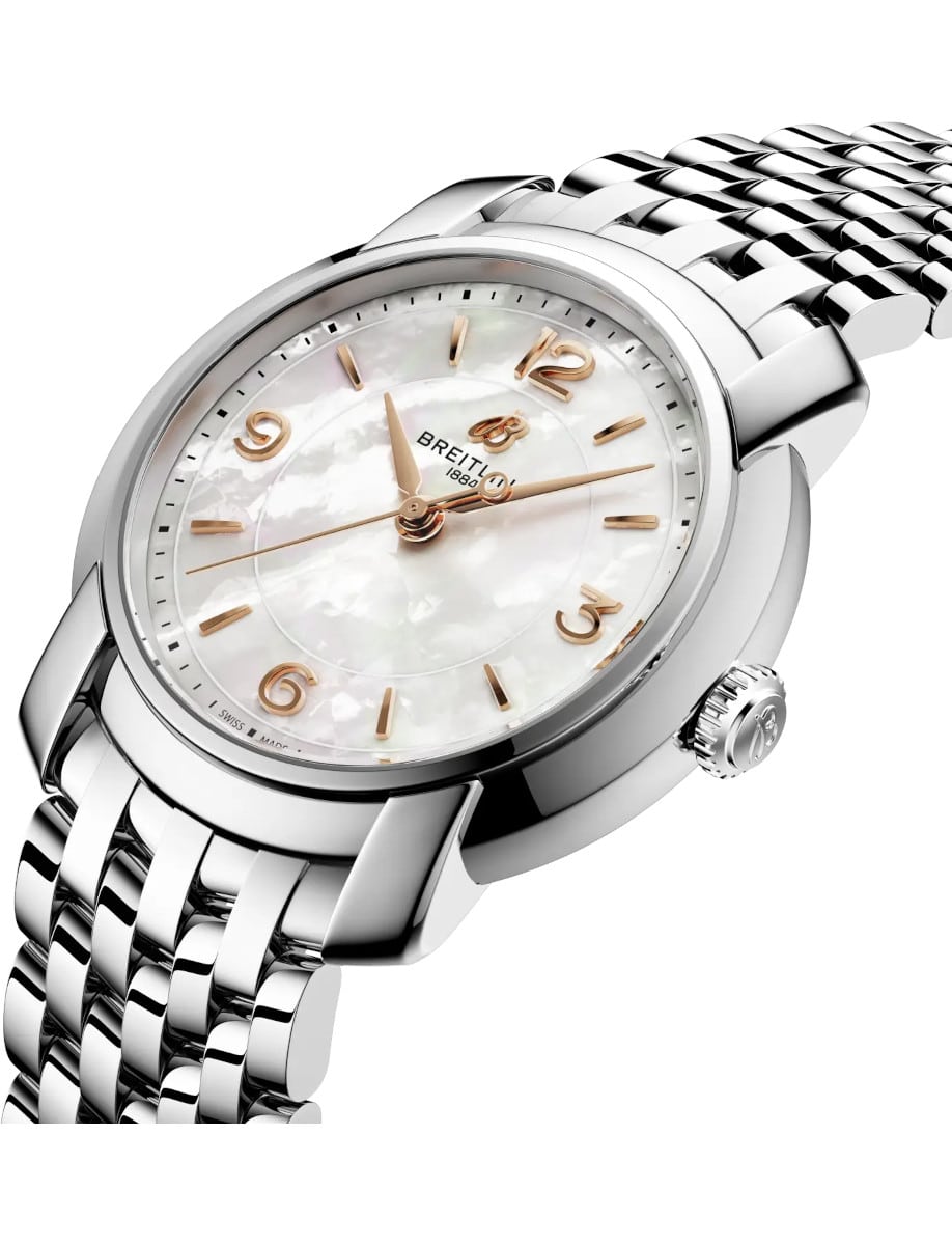 Side view of Breitling ladies watch with stainless steel case and bracelet, and white mother-of-pearl dial.