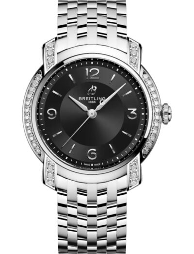 Breitling ladies watch with stainless steel case and bracelet, and black dial.