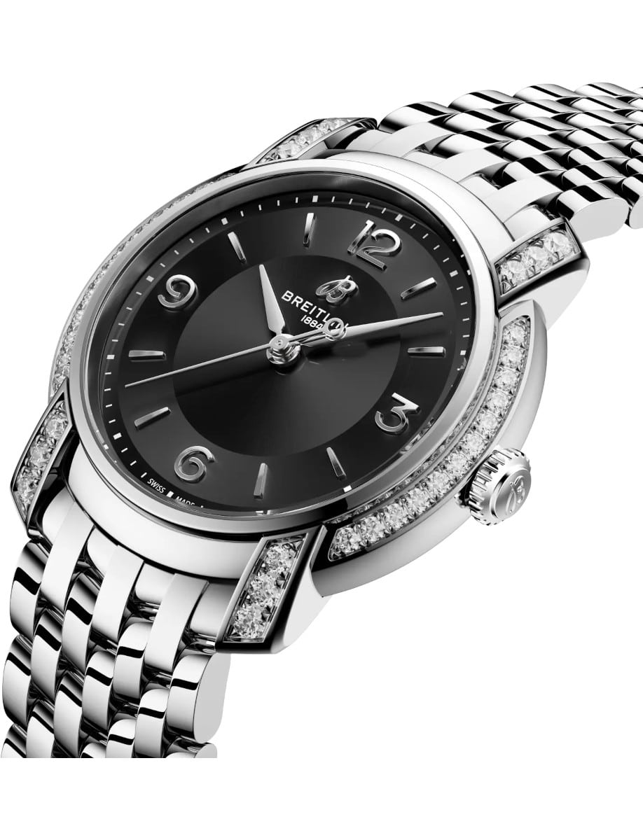 Side view of Breitling ladies watch with stainless steel case and bracelet, and black dial.