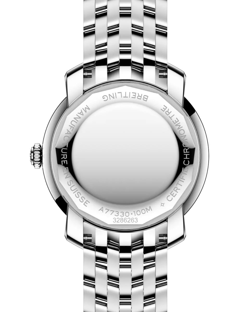 Back view of Breitling ladies watch with stainless steel case and bracelet, and screwed in case back.