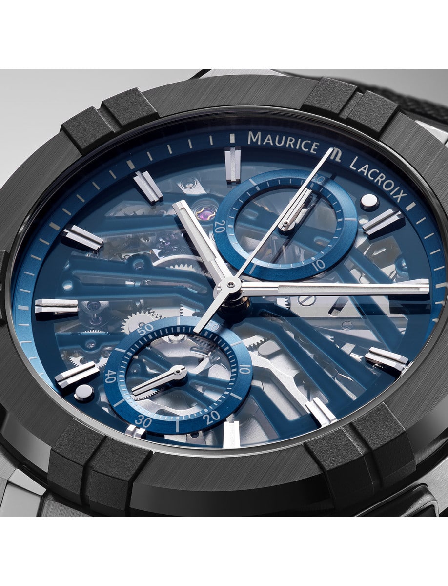 Close view of Maurice Lacroix blue dial with rhodium-plated hands and indexes