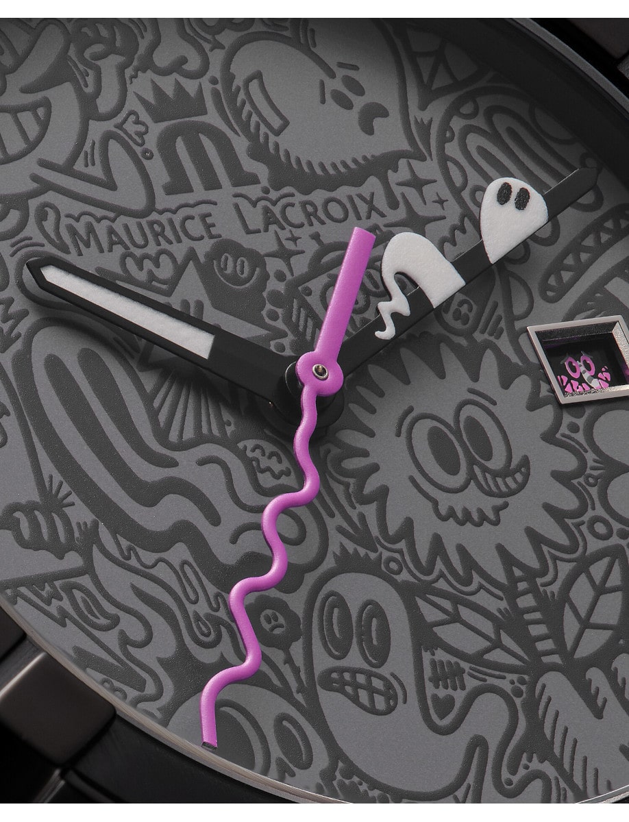 Closer view of Maurice Lacroix wristwatch with stainless steel gunmetal pvd, grey dial and black rubber strap