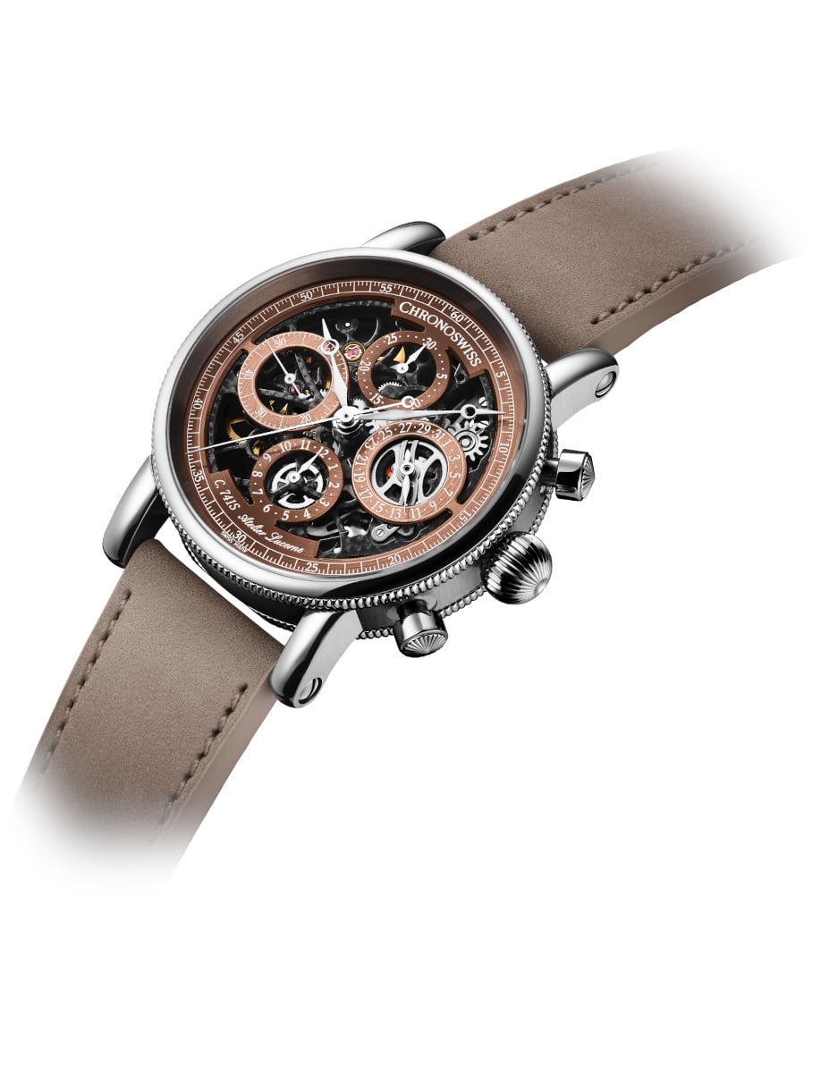 Side view of Chronoswiss wristwatch with grade 5 titanium case, skeleton dial, and sand-colored Nubuk leather.