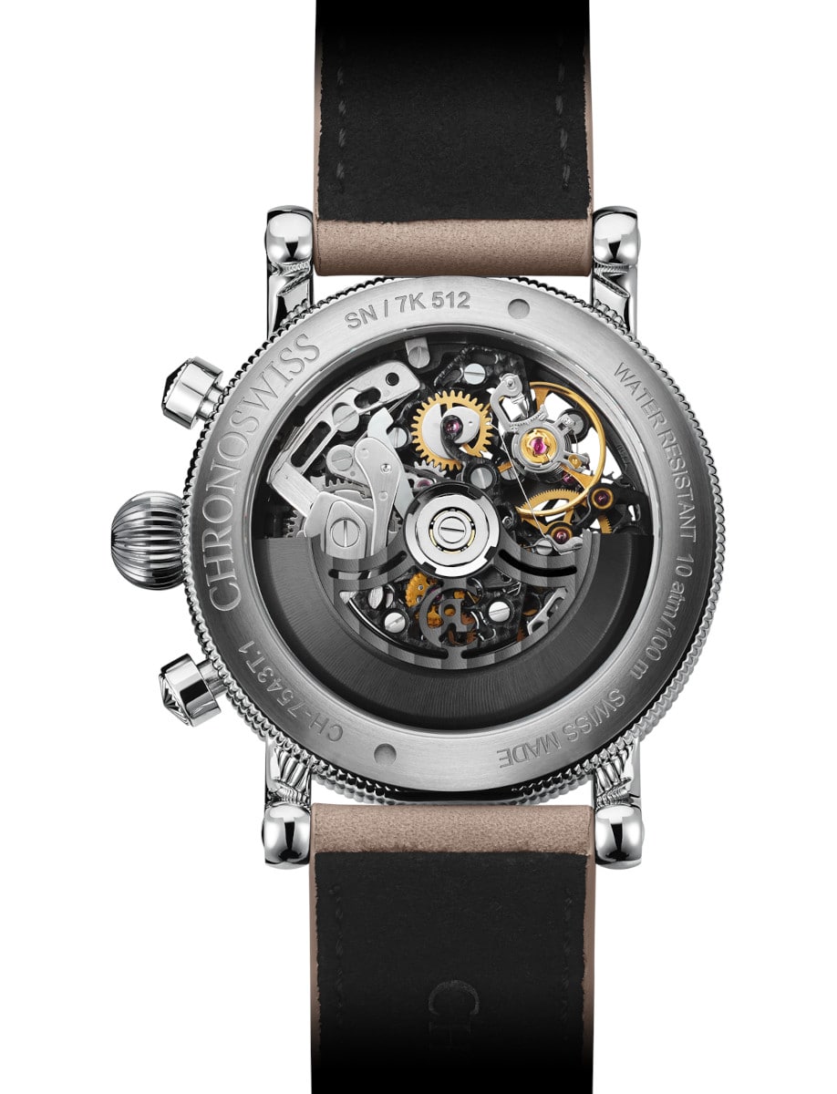 Back view of Chronoswiss wristwatch with grade 5 titanium case, skeleton dial, transparent case back.