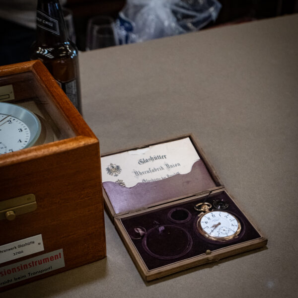 A pocketwatch from Glashutte Original on the counter at Feldmar's World Watch Day event