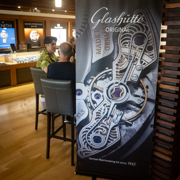 A freestanding sign from Glashutte Original at Feldmar's World Watch Day event