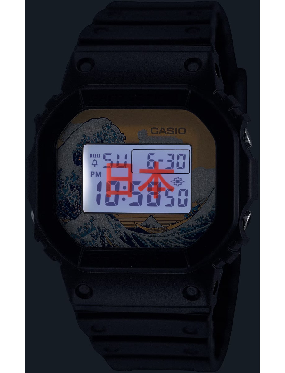 Night view of G-Shock wristwatch with resin case and bracelet