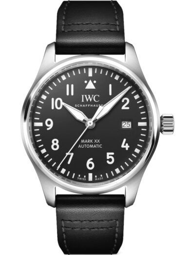 IWC wristwatch with stainless steel case, black dial, and black calfskin strap.