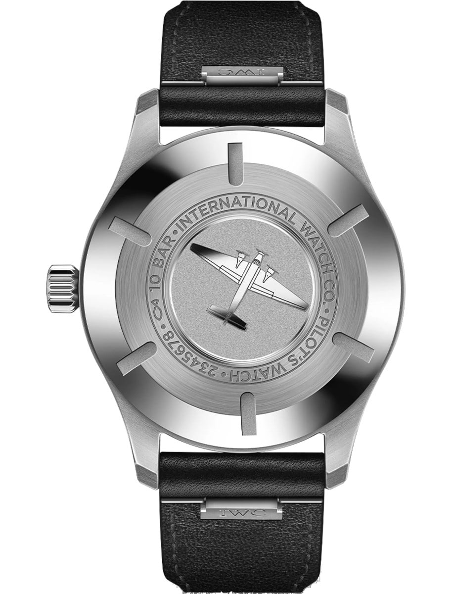 Back view of IWC wristwatch with stainless steel case, and black calfskin strap.