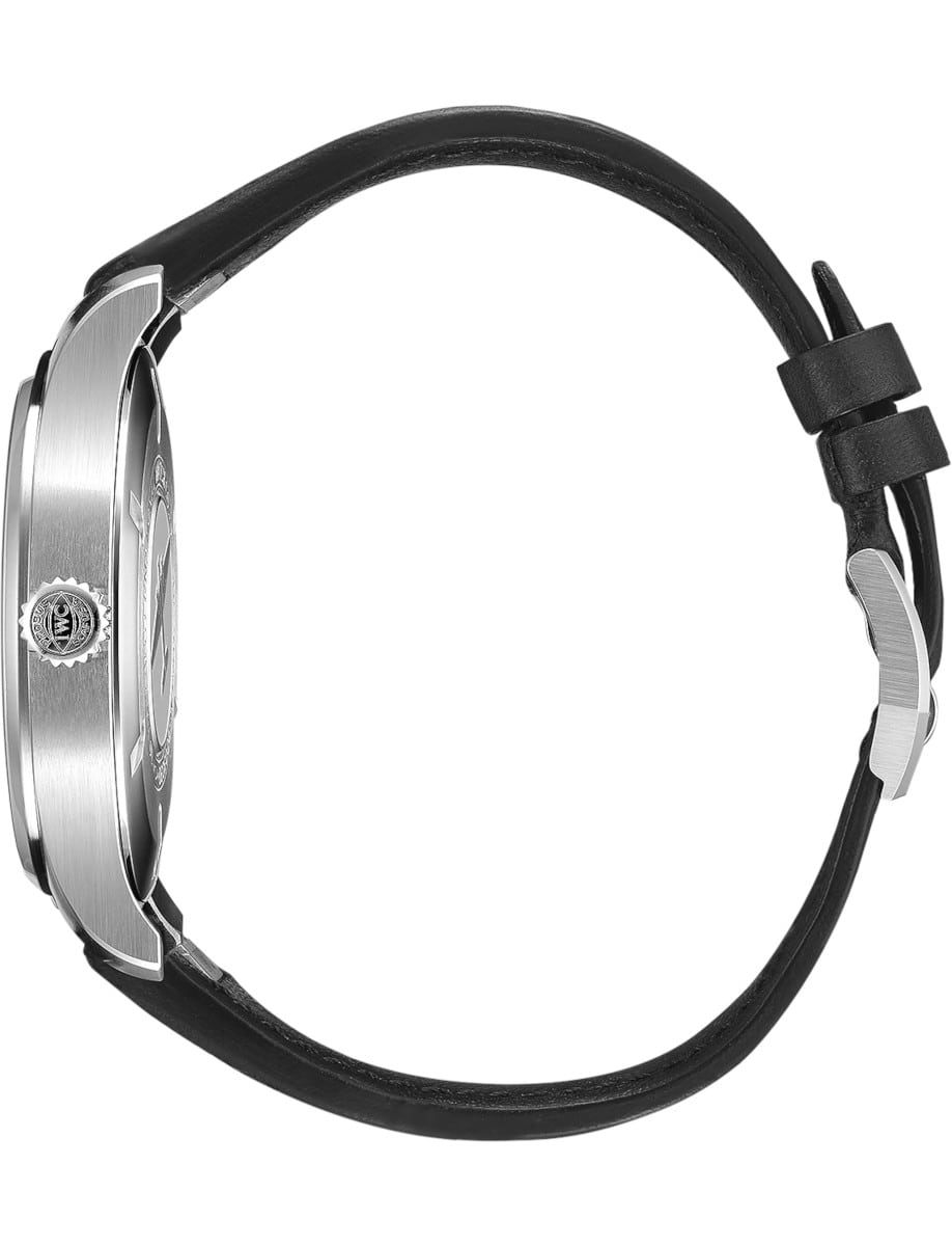 Side view of IWC wristwatch with stainless steel case, and black calfskin strap.