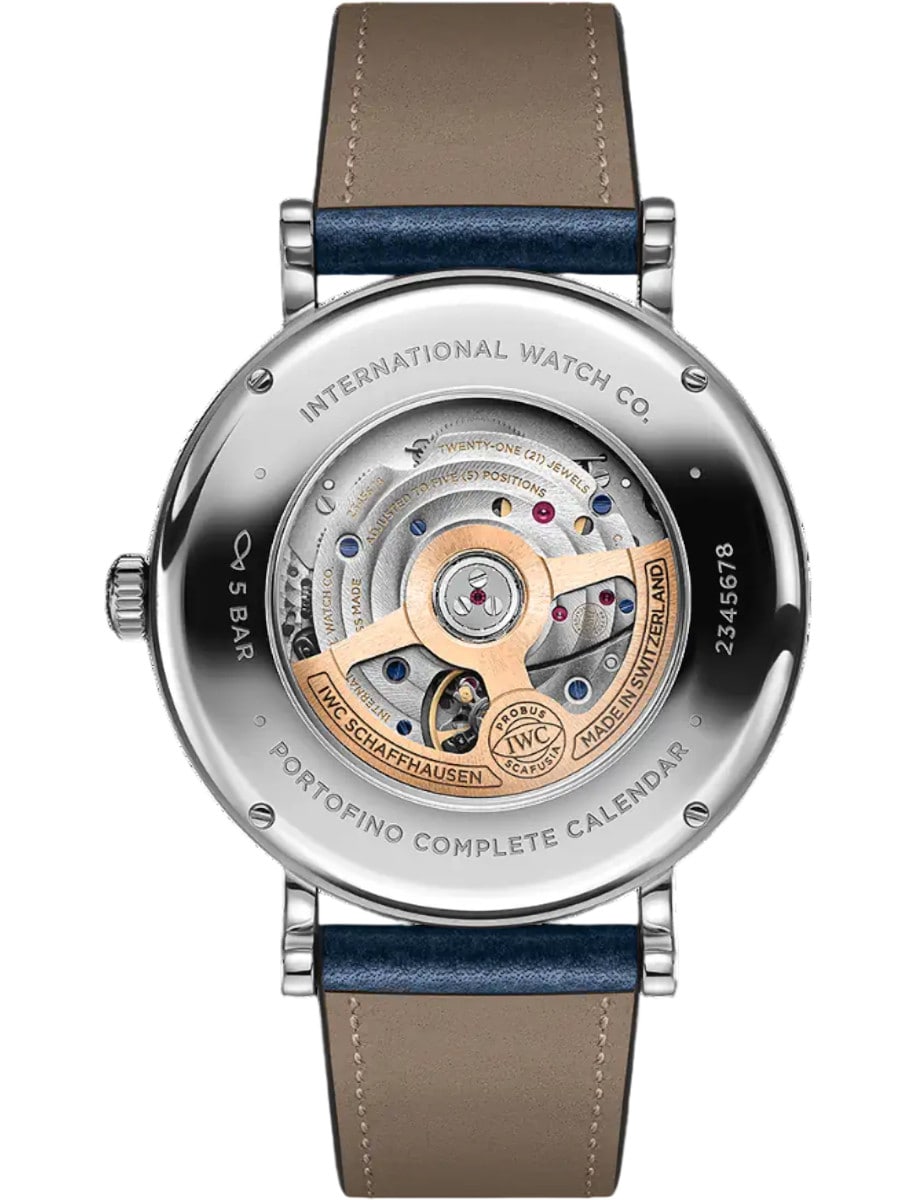 Back view of IWC wristwatch with stainless steel case and calfskin leather strap