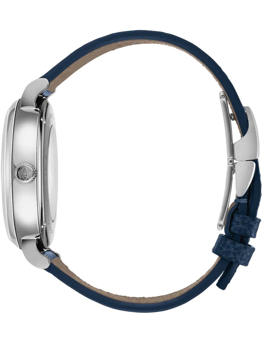 Side view of IWC wristwatch with stainless steel case and calfskin leather strap