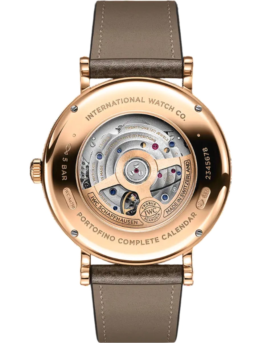 Back view of IWC wristwatch with 18k gold case and taupe calfskin leather strap
