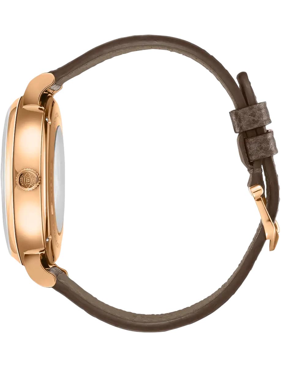 Side view of IWC wristwatch with 18k gold case and taupe calfskin leather strap