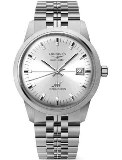 Longines wristwatch with stainless steel case and bracelet, and sunray silver dial.
