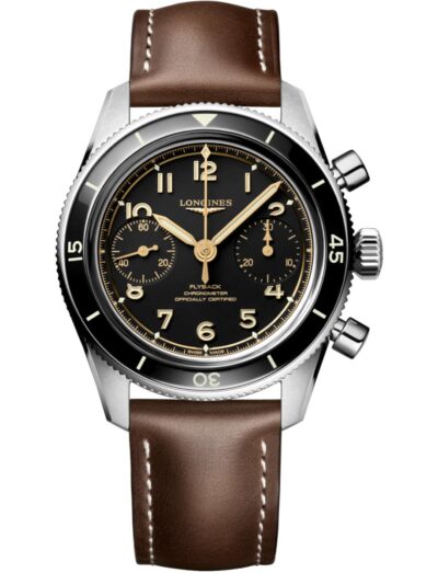 Longines wristwatch with stainless steel case, black dial, and brown leather strap. | Feldmar Watch Co. Longines wristwatch with stainless steel case, black dial, and brown leather strap.