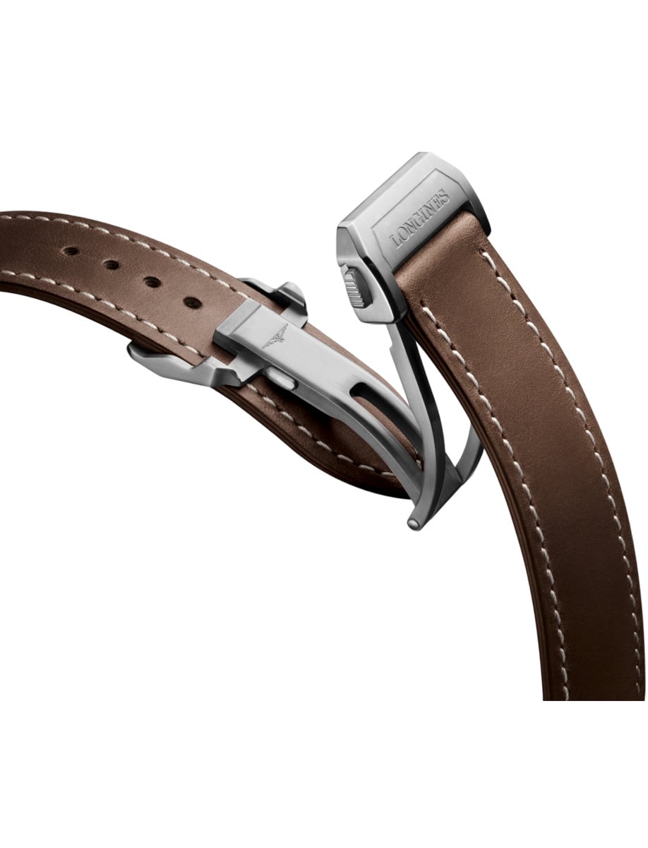 Strap view of Longines wristwatch with brown leather strap.