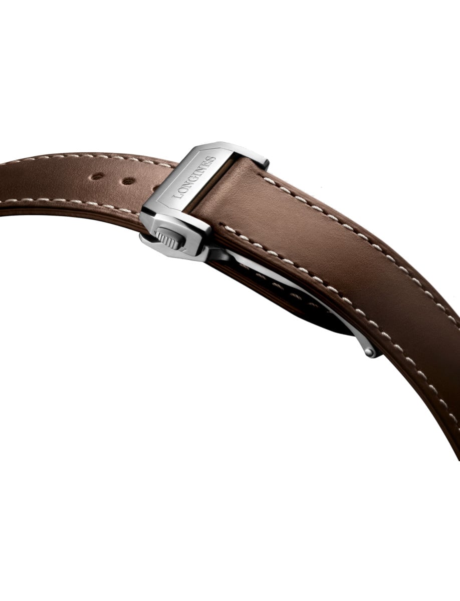 Strap view of Longines wristwatch with brown leather strap.