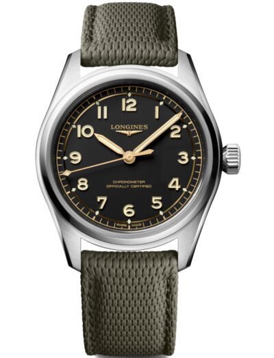 Longines wristwatch with stainless steel case, black dial, and green rubber strap.