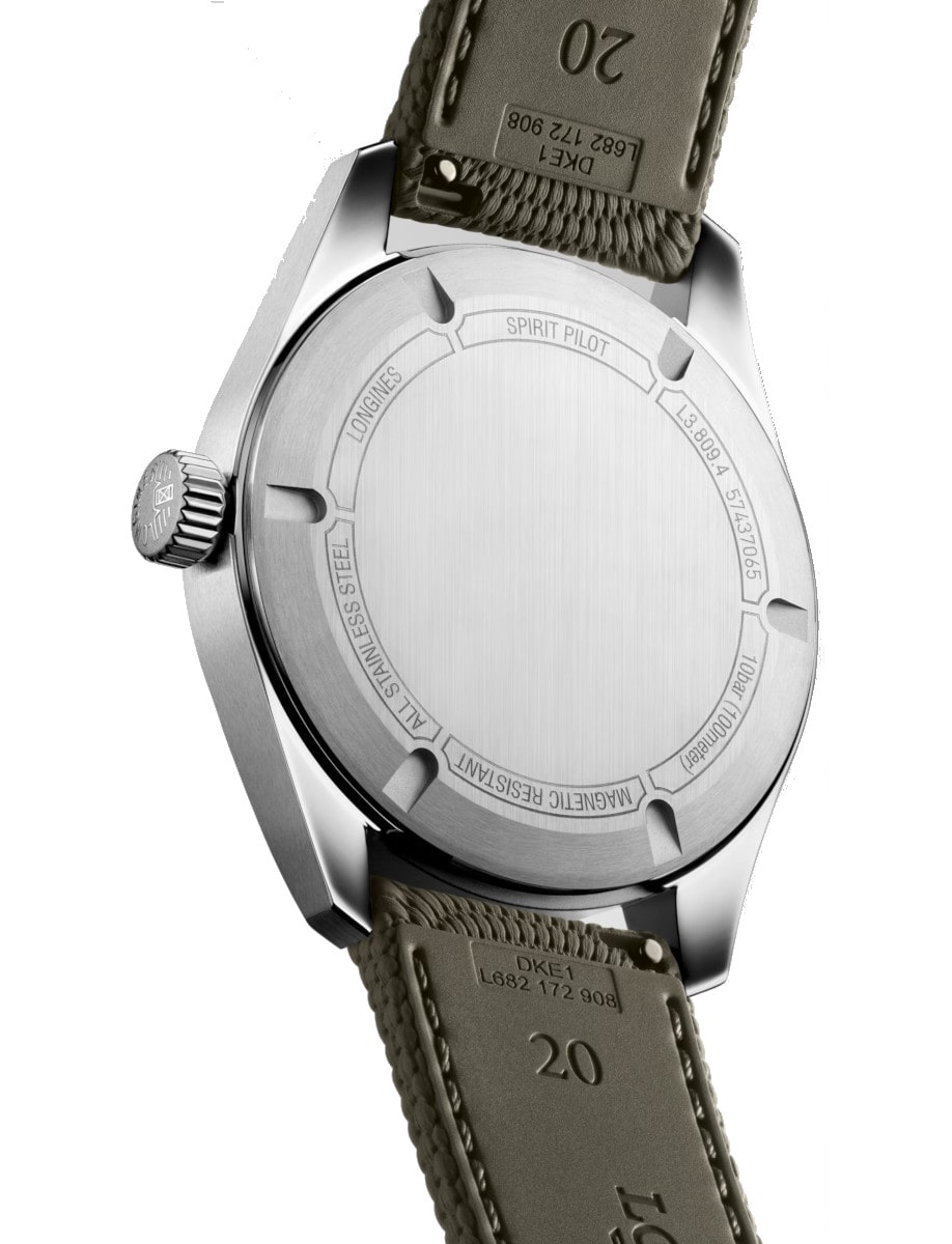 Back view of Longines wristwatch with stainless steel case, and green rubber strap.