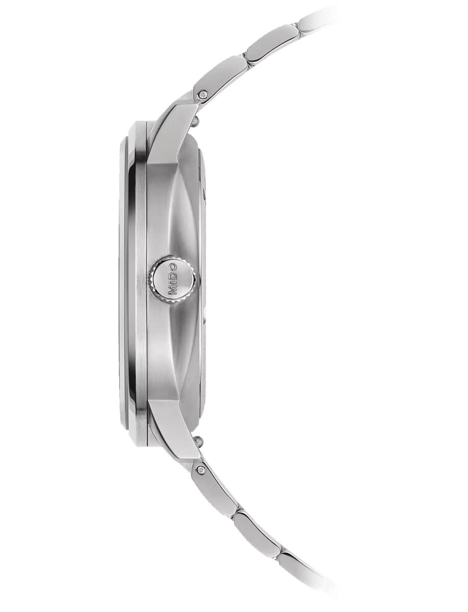 Side view of Mido wristwatch with stainless steel case and bracelet
