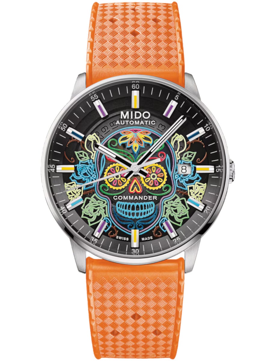 Mido wristwatch with stainless steel case, orange synthetic strap, black dial with eight shades of Super-LumiNova