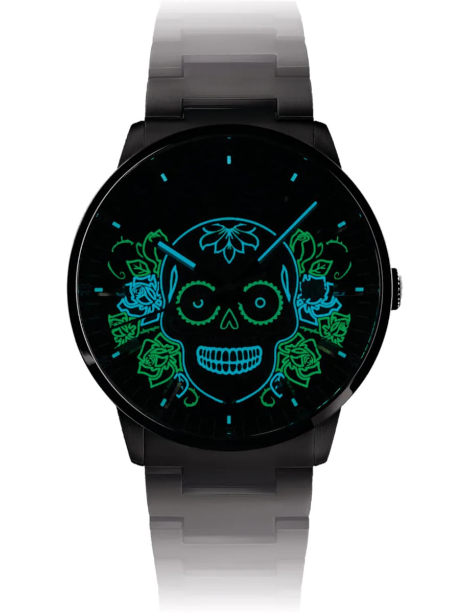 Night view of Mido wristwatch with stainless steel case and bracelet, black dial with eight shades of Super-LumiNova