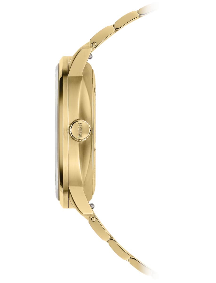 Side view of Mido wristwatch with stainless steel with yellow gold colour PVD coating case and bracelet.