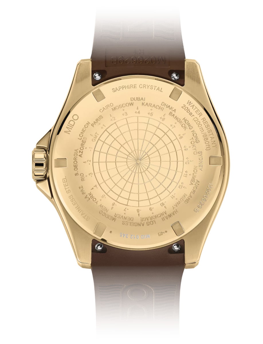 Back view of Mido wristwatch with stainless steel yellow pvd case and syntetic strap