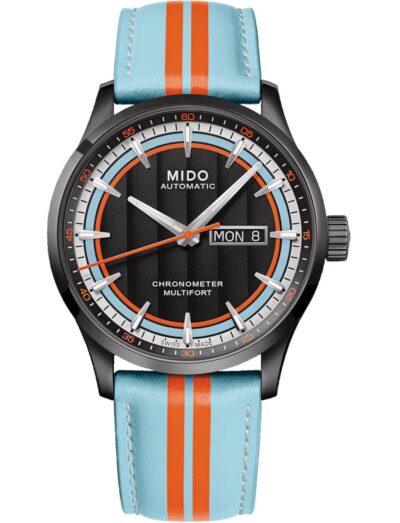 Mido wristwatch with stainless steel black pvd case, black dial and leather strap