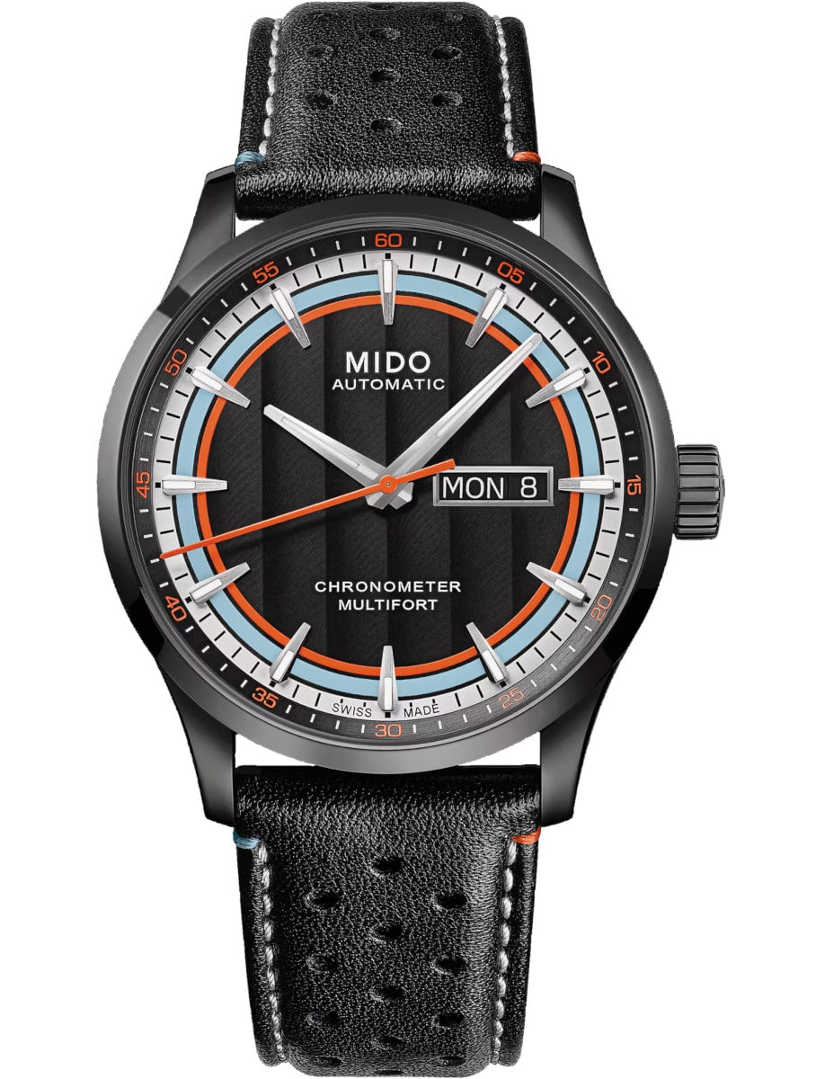 Mido wristwatch with stainless steel black pvd case, black dial and leather strap