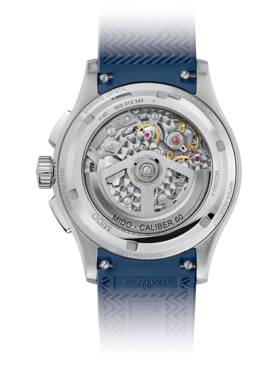 Back view of Mido wristwatch with stainless steel case and synthetic strap