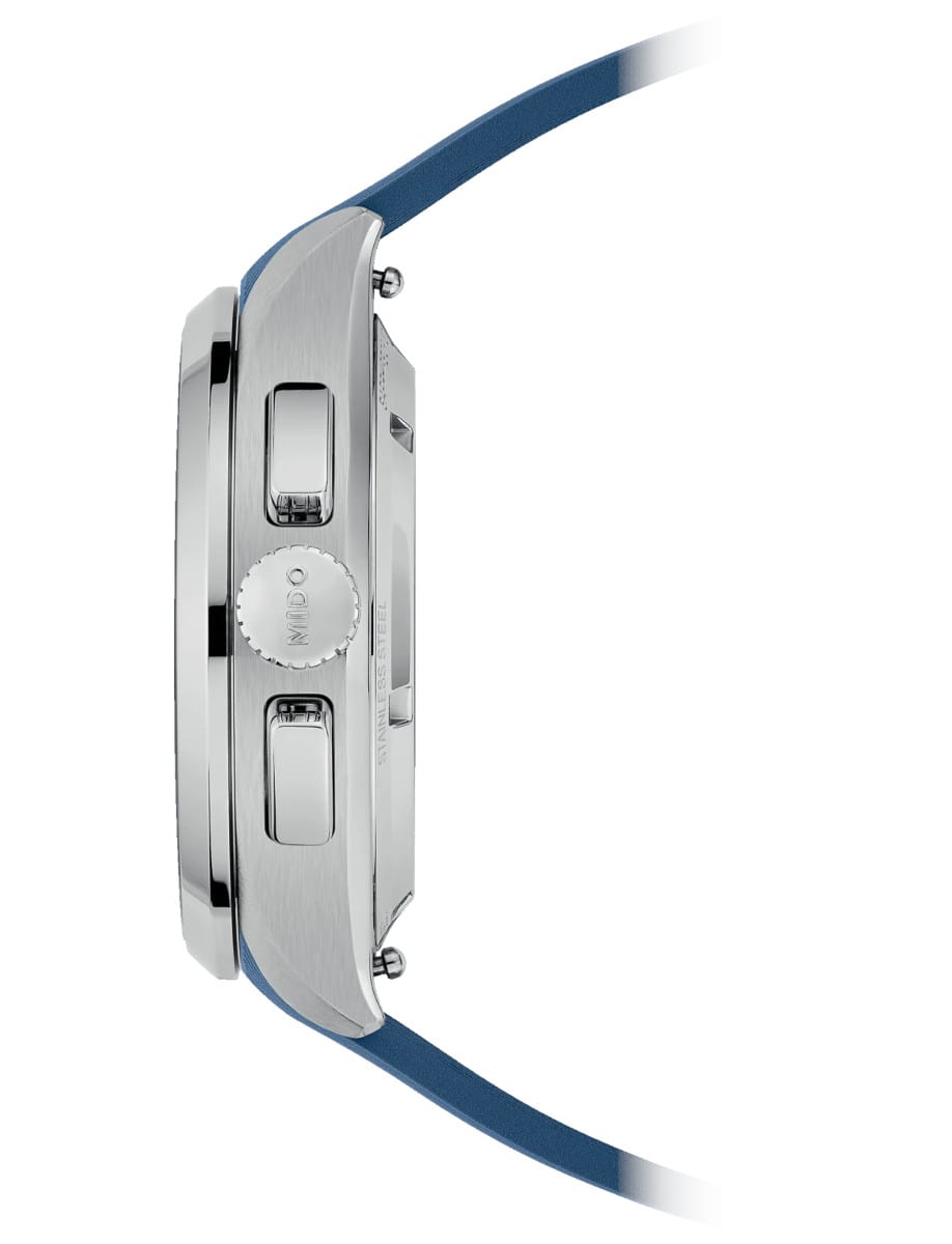 Side view of Mido wristwatch with stainless steel case and synthetic strap