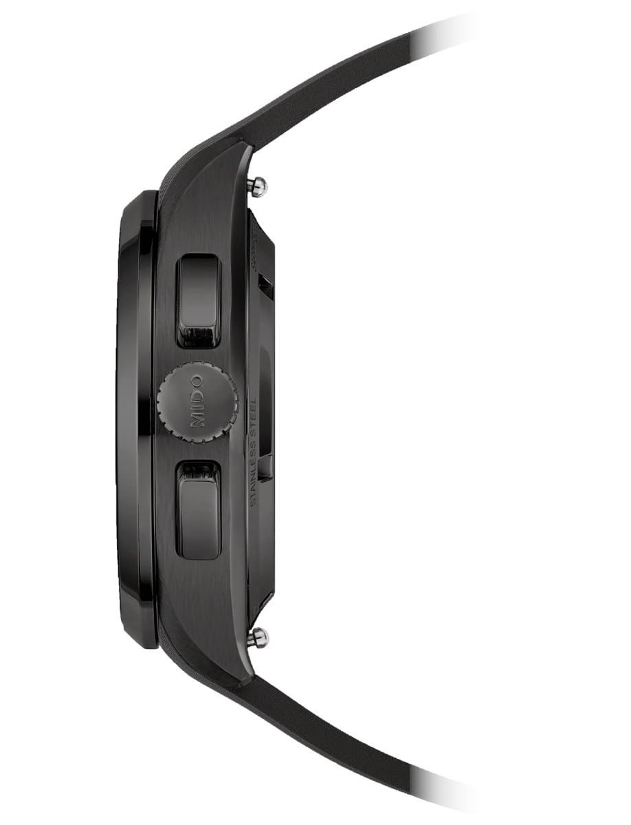 Side view of Mido wristwatch with black pvd stainless steel case and black synthetic strap