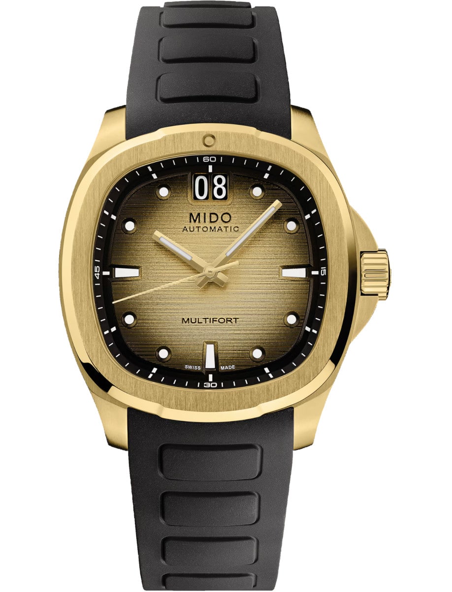 Mido wristwatch with stainless steel yellow gold pvd case and extra black rubber strap